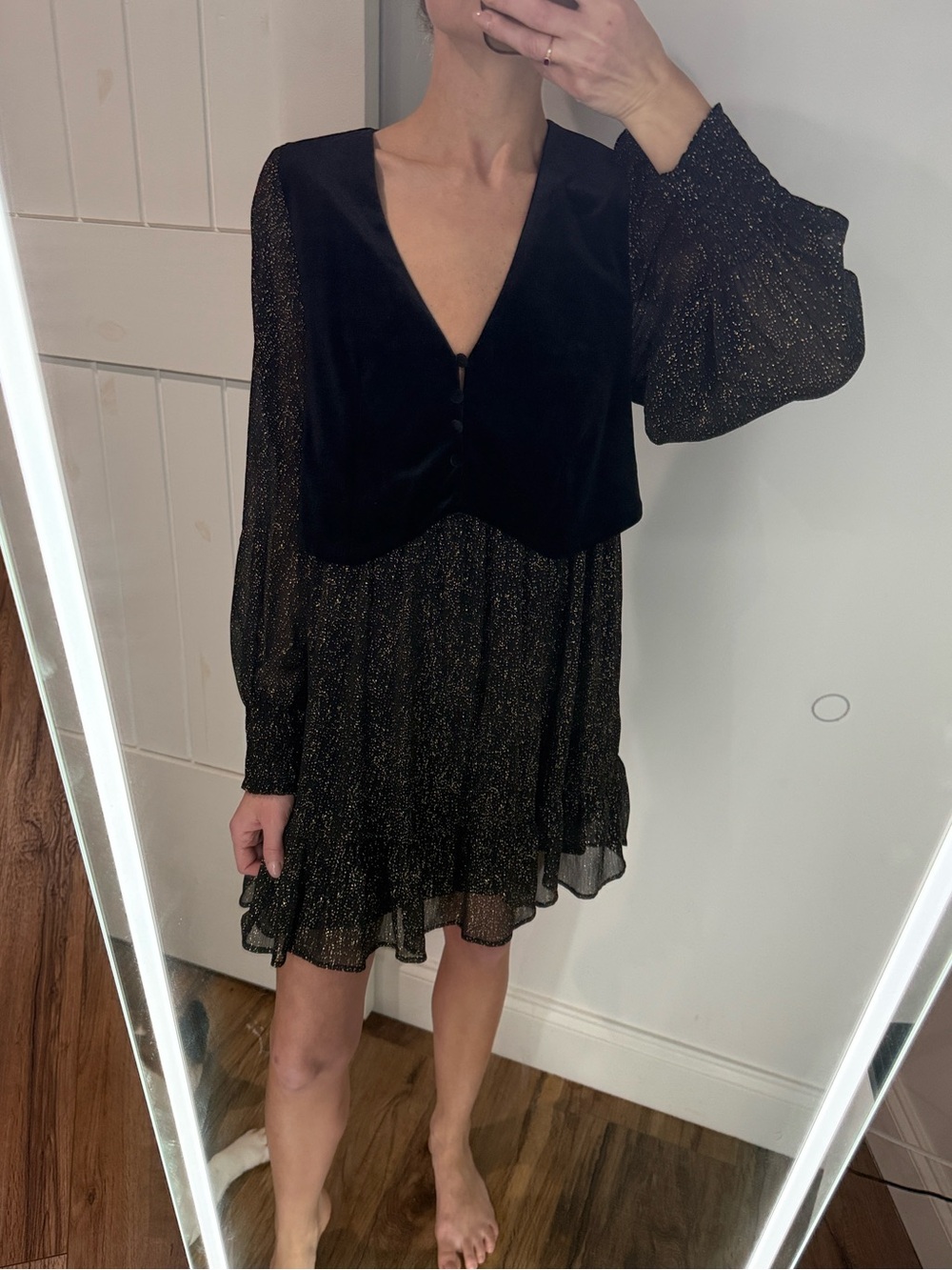NWOT Zara Black Velvet Bodice Gold Fleck Chiffon Dress